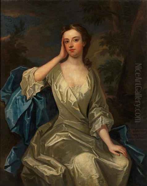 Portrait Of A Lady, Said To Be Anne, Countess Of Sunderland, Three-quarter Length, Seated Before A Landscape Oil Painting by Godfrey Kneller