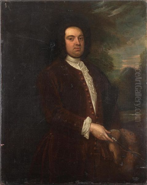 Portrait Of A Gentleman, Three-quarter-length, In A Red Coat, With His Dog Oil Painting by Godfrey Kneller