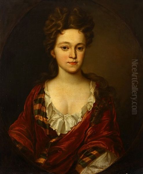 Portrait Of A Lady, Half-length, In A Red Robe And White Chemise Oil Painting by Godfrey Kneller