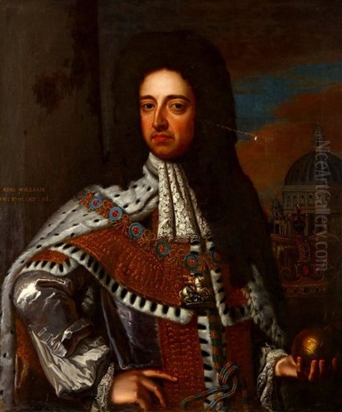 Portrait Of King William Iii (1650-1702), Half-length, In Robes Of State, Holding An Orb Oil Painting by Godfrey Kneller