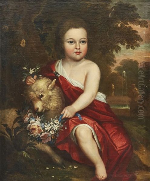 Portrait Of A Child With A Lamb In A Palace Garden Oil Painting by Godfrey Kneller