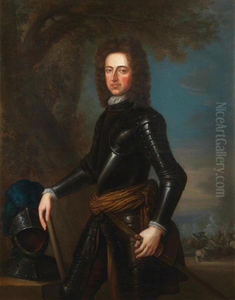 Portrait Of King William Iii, Three-quarter-length, In Armour, Standing Before A Cavalry Skirmish Oil Painting by Godfrey Kneller