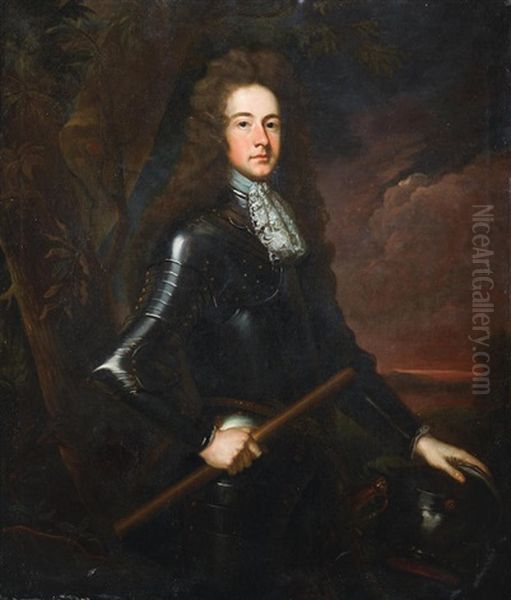 Portrait Of Sir Henry Booth, Half-length, In Armour, Before A Landscape Oil Painting by Godfrey Kneller