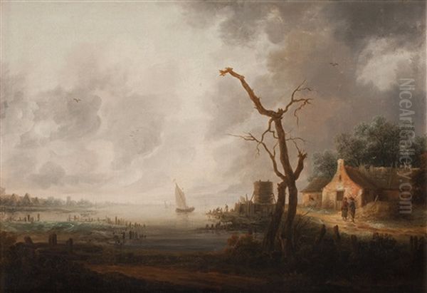 A Ship By The Coast And Figures Outside A Building Oil Painting by Francois Van Knibbergen