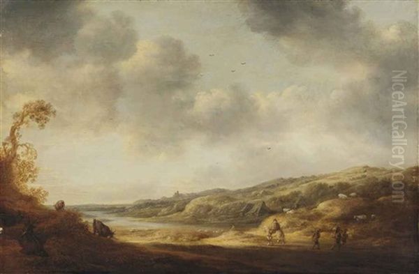 A River Landscape With Travellers On A Path Oil Painting by Francois Van Knibbergen