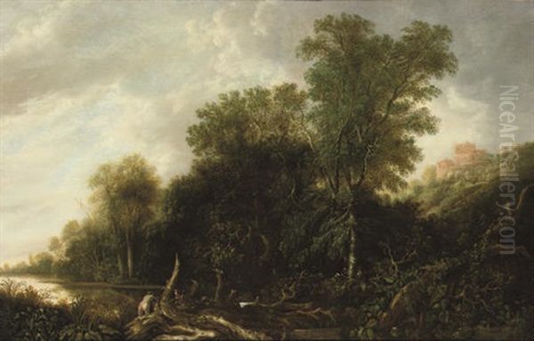 A Wooded Landscape With Nymphs Bathing In A River Oil Painting by Francois Van Knibbergen