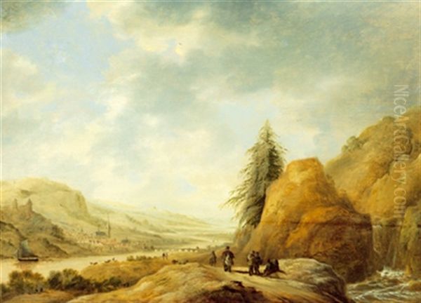 Weite Gebirgige Flusslandschaft Mit Figuren Oil Painting by Francois Van Knibbergen