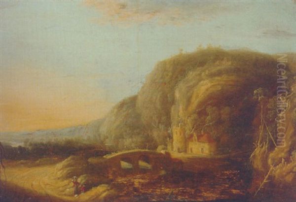 Travellers On A Road By A River In A Mountainous Landscape, At Sunset Oil Painting by Francois Van Knibbergen