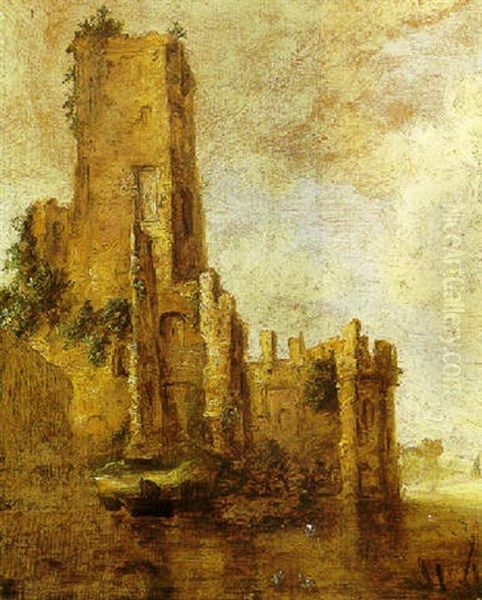 A River Landscape With A Figure In A Boat Before A Ruined Tower Oil Painting by Francois Van Knibbergen