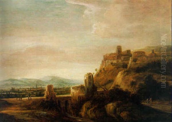 Peasants On A Path By A Ruined Bridge, A Village On A Hilltop Overlooking A Valley Beyond Oil Painting by Francois Van Knibbergen