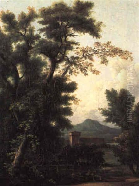 Paesaggio Agreste Con Un Fontanile, Lavandaia E Un Edificio Medioevale. . . Oil Painting by Christoph Heinrich Kniep