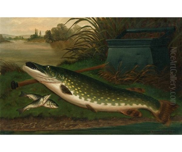 A Caught Pike Oil Painting by A. Roland Knight