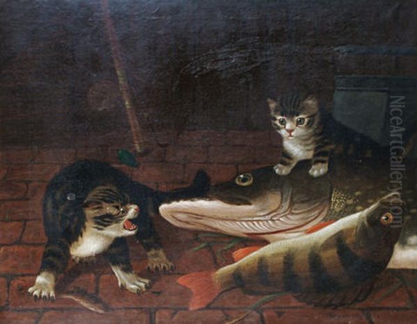 In The Pantry (two Cats With A Pike And Perch) Oil Painting by A. Roland Knight