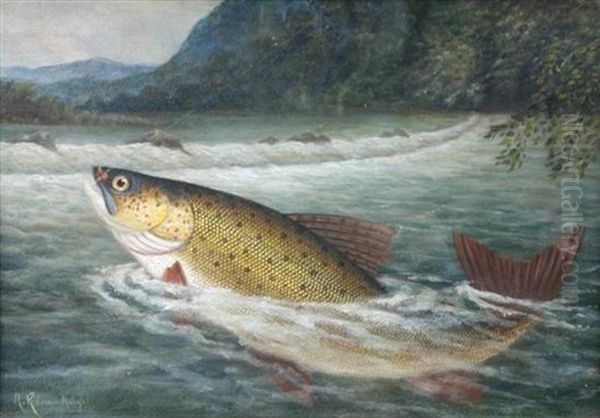 Rainbow Trout On The Fly And In The Net (+ Another; Pair) Oil Painting by A. Roland Knight