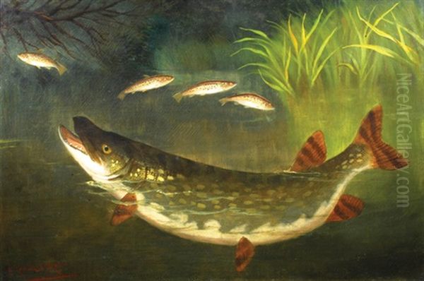 Pike And Leaping Trout Oil Painting by A. Roland Knight