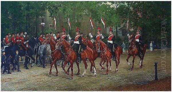 Carry Lance, Eyes Right, A Mounted Section Of The 12th Lancers Saluting The Band Of The 2nd Lifeguards Oil Painting by James Prinsep Barnes Beadle