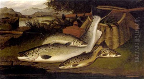 On The Banks Of The Tweed, Salmon, Salmon Trout, Lake Trout Oil Painting by A. Roland Knight