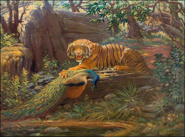 Bengal Tiger And Peacock by Charles Robert Knight