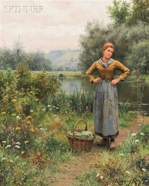 Girl In Landscape Oil Painting by Daniel Ridgway Knight