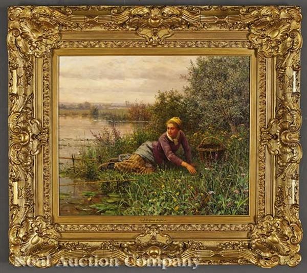 Young Woman Fishing Oil Painting by Daniel Ridgway Knight