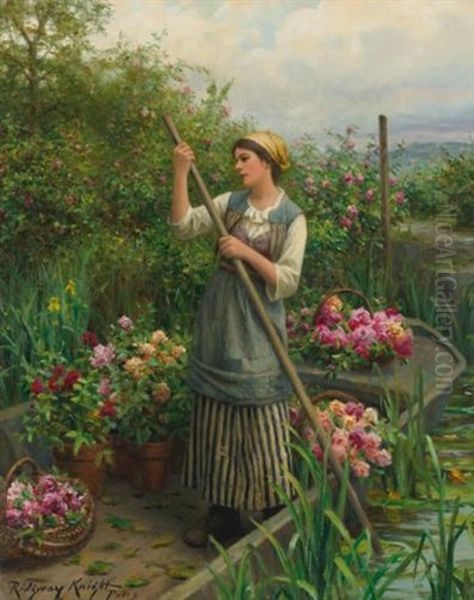 Gathering Flowers Along The River Oil Painting by Daniel Ridgway Knight