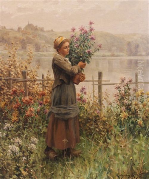 Woman With Flowers Oil Painting by Daniel Ridgway Knight