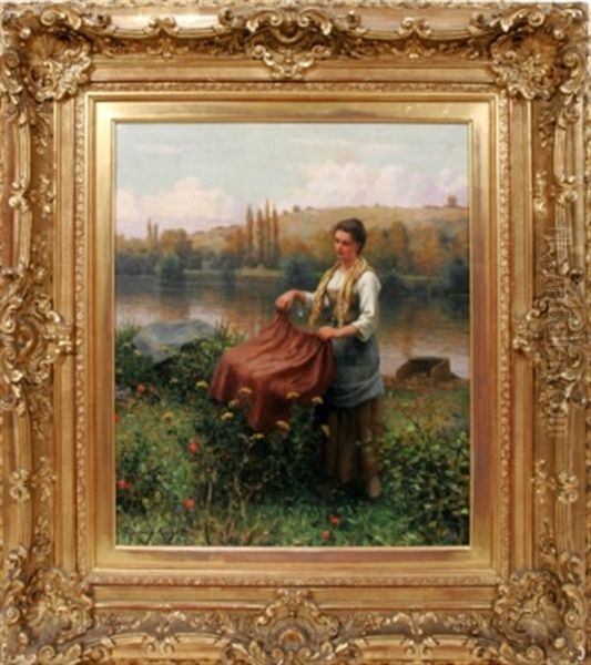 French Woman Near Paris River Oil Painting by Daniel Ridgway Knight