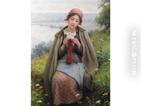 Girl Knitting Oil Painting by Daniel Ridgway Knight