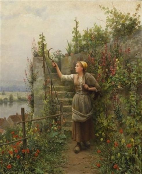 In The Garden - A Young Woman With A Scythe Oil Painting by Daniel Ridgway Knight