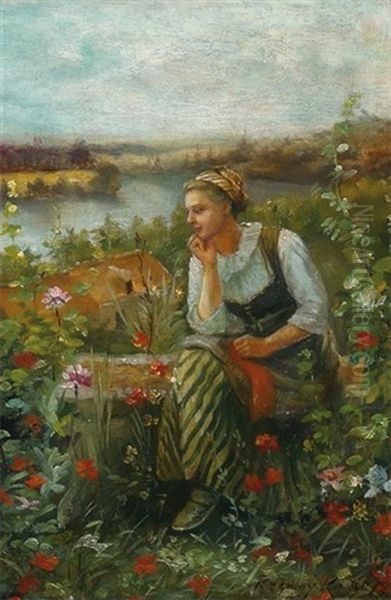 Daydreaming In The Flower Garden Oil Painting by Daniel Ridgway Knight