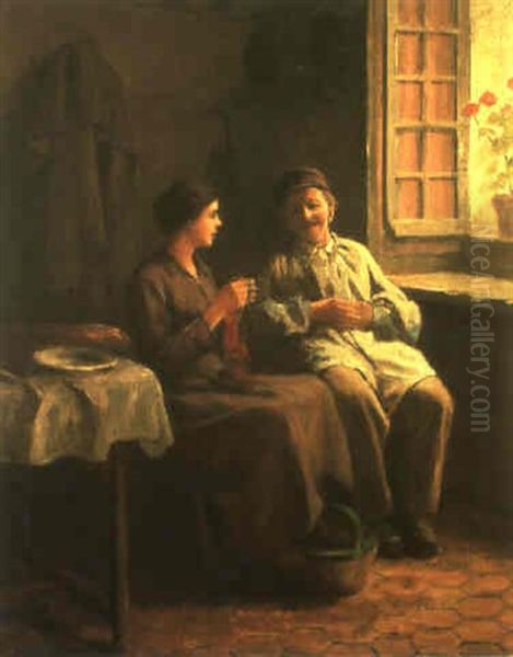 Rolleboise, Paysan A La Fenetre (julie Mass, Et Le Pere Haranger) Oil Painting by Daniel Ridgway Knight