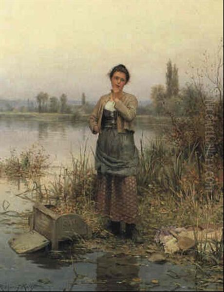 At The River Bank Oil Painting by Daniel Ridgway Knight