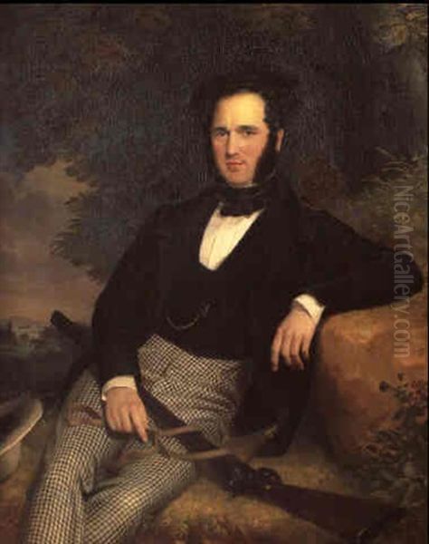 Portrait Of Mr Garratt, Three Quarter Length, Seated, A     Shotgun Resting On His Lap, A View Of Bishop's Court Beyond Oil Painting by John Prescott Knight