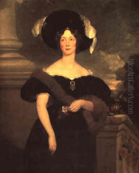 Portrait Of Mrs. Garratt, Standing, Three Quarter Length, By A Balustrade And Wearing A Hat Adorned With Feathers... Oil Painting by John Prescott Knight