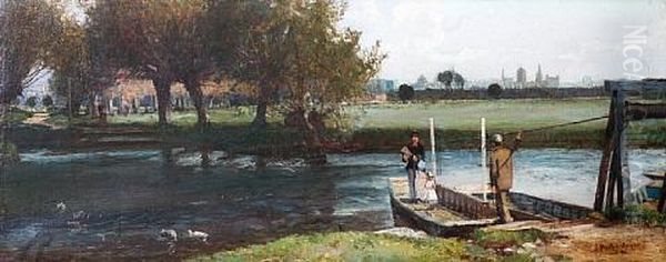 Christchurch Meadow, Oxford, With Figures On A Punt Oil Painting by John William Buxton Knight