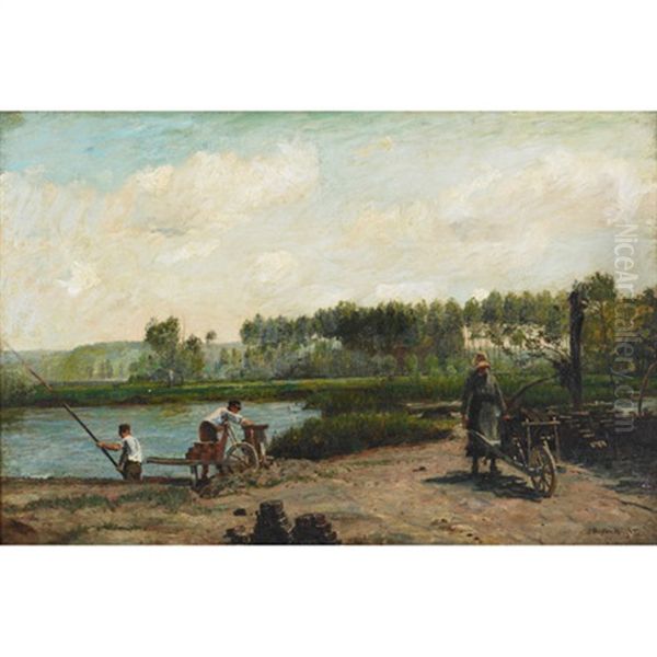 Young Workers Making Mud Bricks At River Oil Painting by John William Buxton Knight