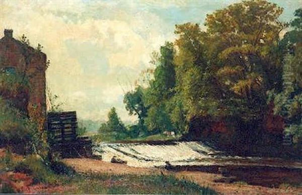 A Watermill And Weir On The River Nidd, Near Knaresborough Oil Painting by John William Buxton Knight