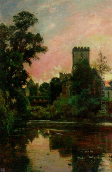 A Church At Sunset Oil Painting by John William Buxton Knight