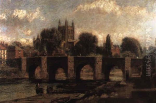 A View Of Hereford Cathedral With A Bridge Over The Wye Oil Painting by John William Buxton Knight