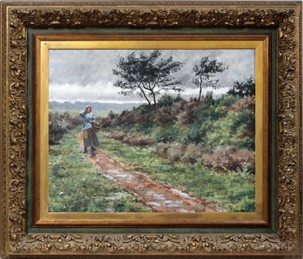 Young Girl In A Blue Coat Carrying A Basket On A Path Oil Painting by Louis Aston Knight