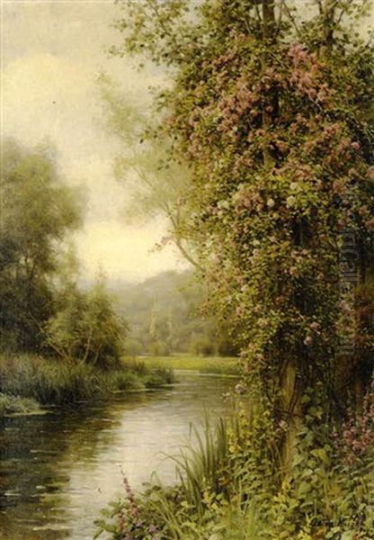 A Flowering Vine Along A Winding Stream With A Country Church Beyond Oil Painting by Louis Aston Knight