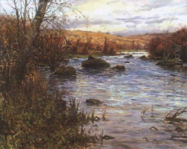 River Landscape With Cottage Oil Painting by Louis Aston Knight