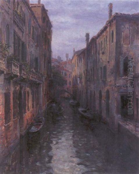 A Venetian Canal Oil Painting by Louis Aston Knight