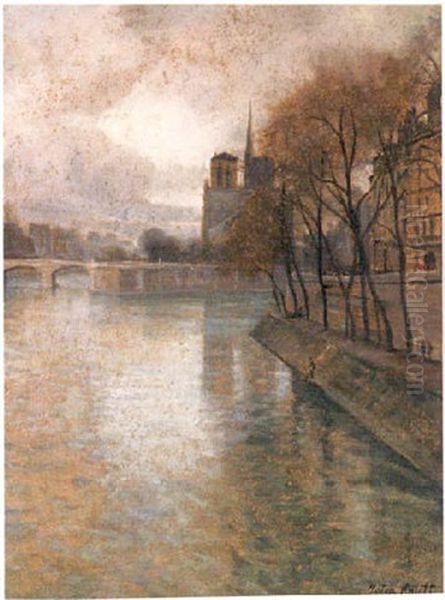 Parisian Scene: Looking Down The Seine Towards Notre Dame Oil Painting by Louis Aston Knight