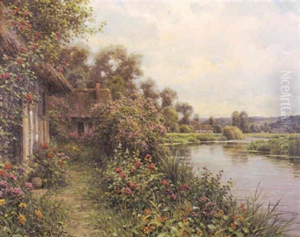 River Landscape With Cottages And Floral Garden Oil Painting by Louis Aston Knight