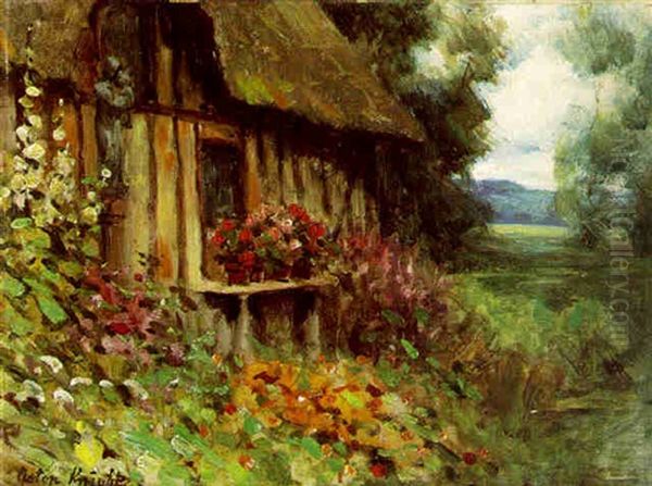 Flowers By A Cottage Oil Painting by Louis Aston Knight