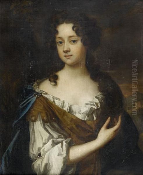 Portrait Of Anne, Countess Of Nottingham, Half-length, In A White Chemise And A Gold And Blue Wrap Oil Painting by Mary Beale