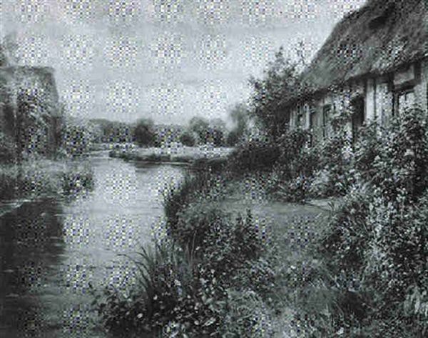 Cottages Near A Flowering Riverbank Oil Painting by Louis Aston Knight