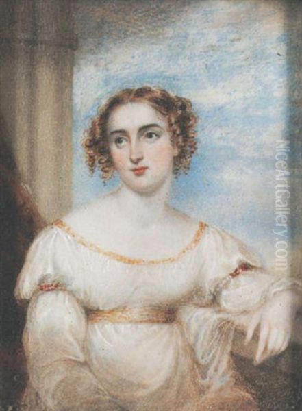 Miss Mary Ann Bates Seated Before A Column, Wearing Decollete White Dress With Gold Trim And Matching Waistband, Sleeves Held With Pearl And Ruby Armlets Oil Painting by Mary Anne Knight