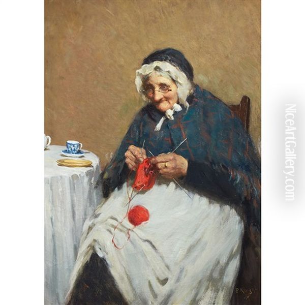 An Old Grandmother Knitting Oil Painting by Paul Knight